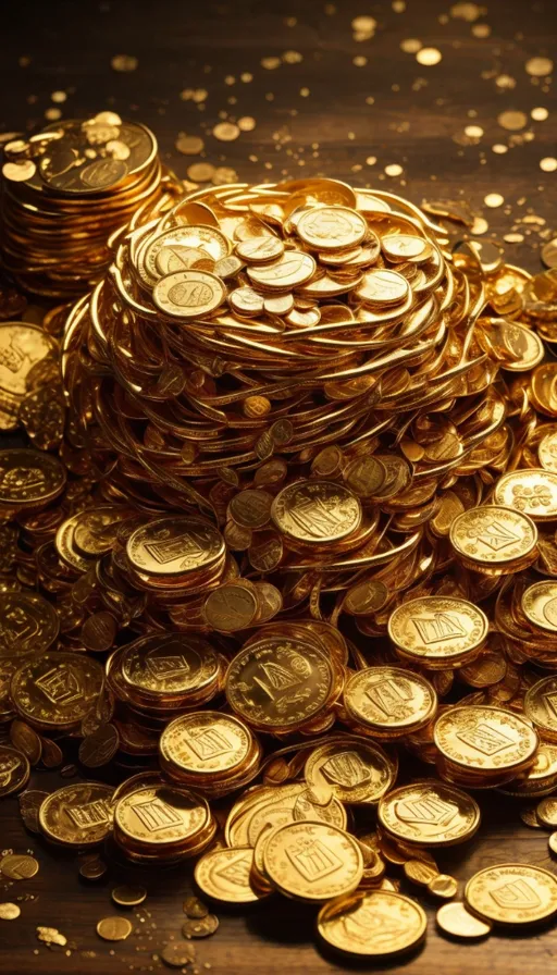 a pile of gold coins sitting on top of a wooden table