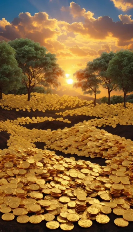 a painting of a field full of gold coins