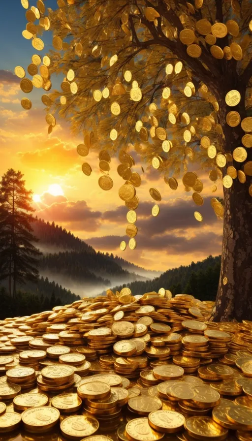 a pile of gold coins in front of a tree