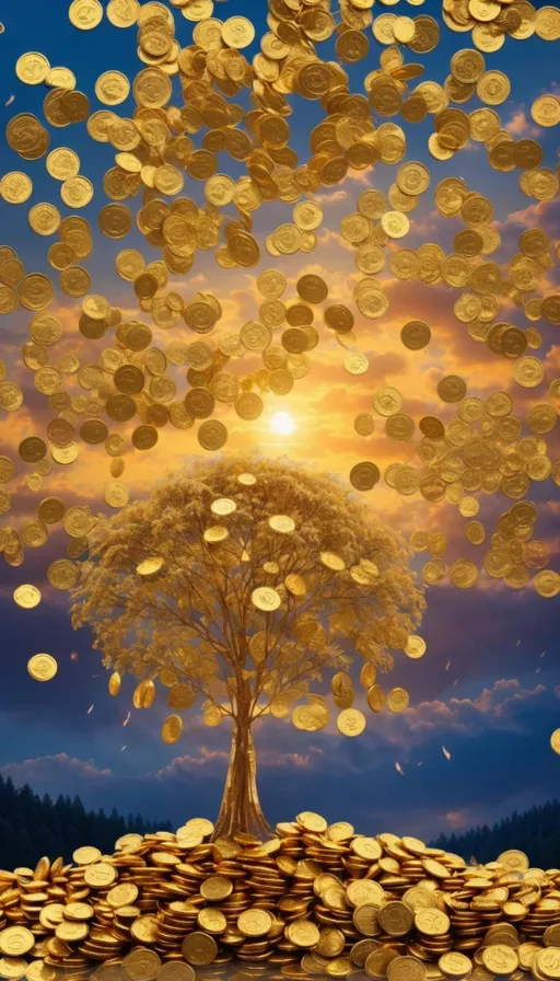 a painting of a tree surrounded by coins