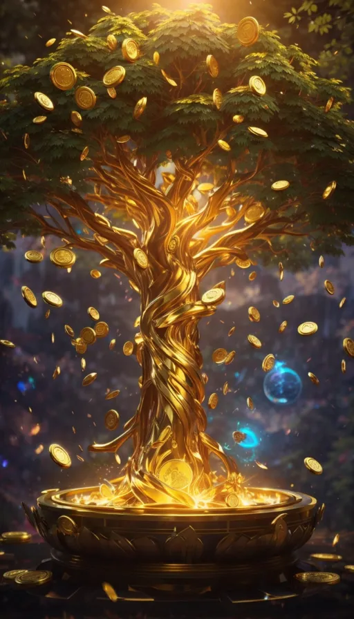 a golden tree surrounded by gold coins