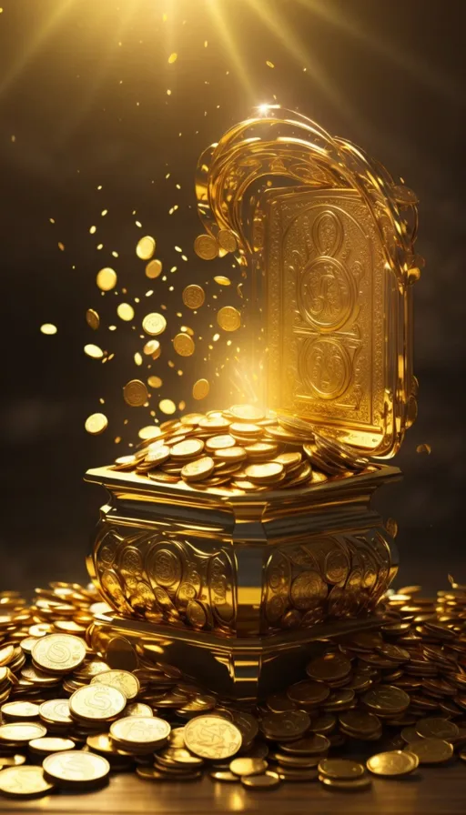 a pile of gold coins with a golden box on top of it