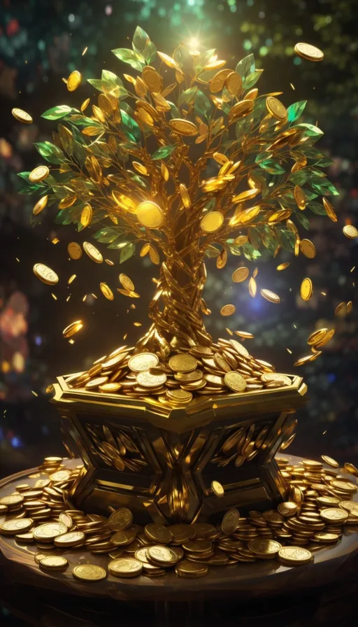 a golden tree on top of a pile of gold coins