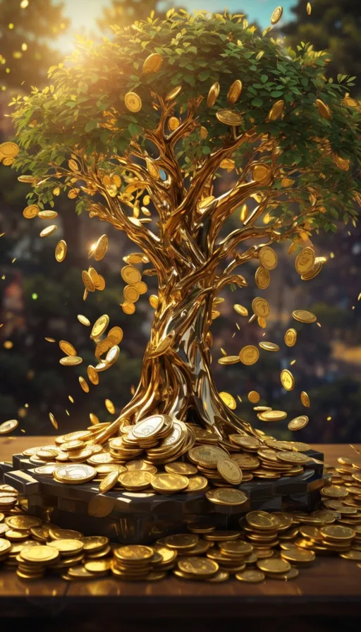 a tree that is growing out of a pile of gold coins