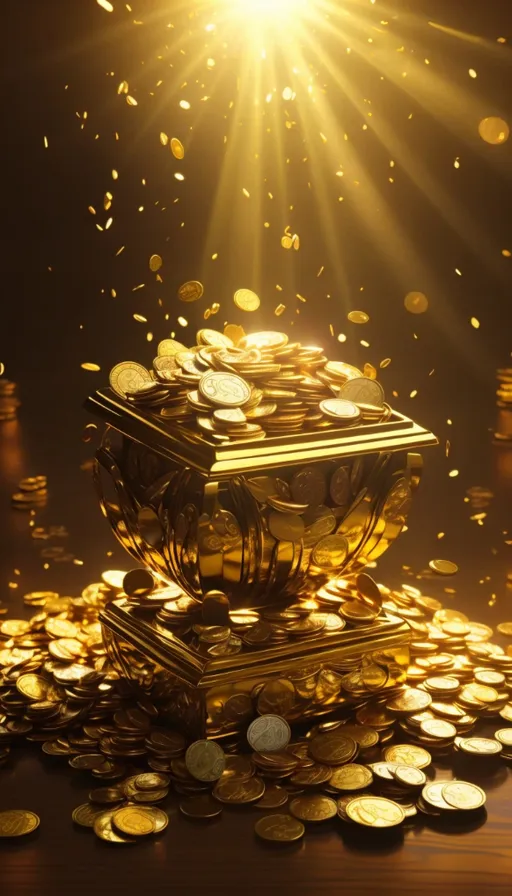 a golden box surrounded by gold coins