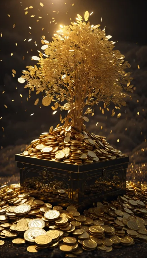 a golden tree on top of a pile of gold coins