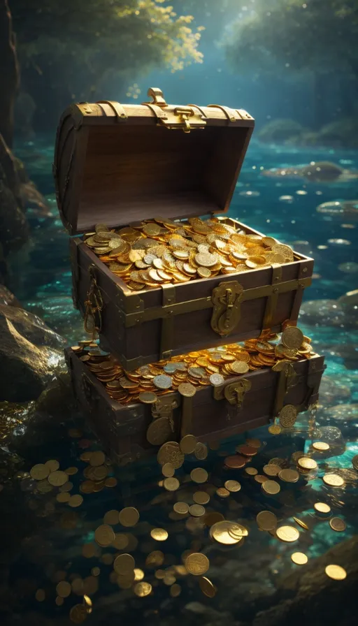 a chest full of gold coins floating in water