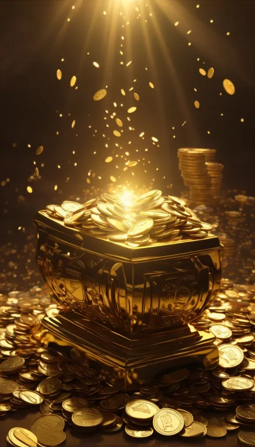 a golden chest of gold surrounded by gold coins