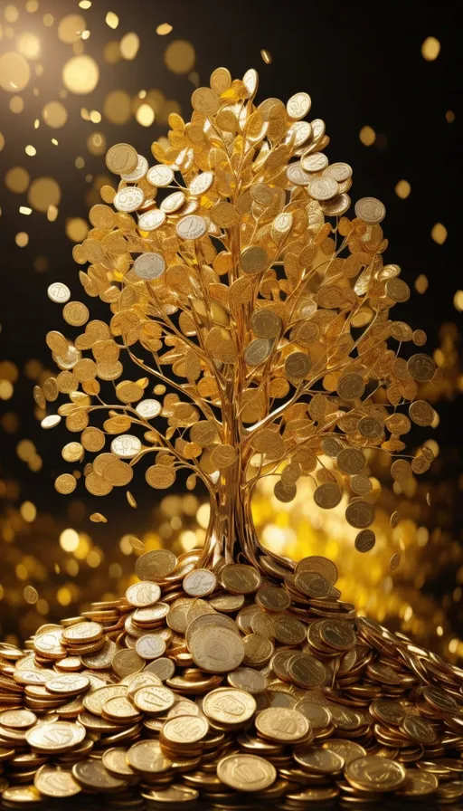 a tree made out of gold coins sitting on top of a pile of coins