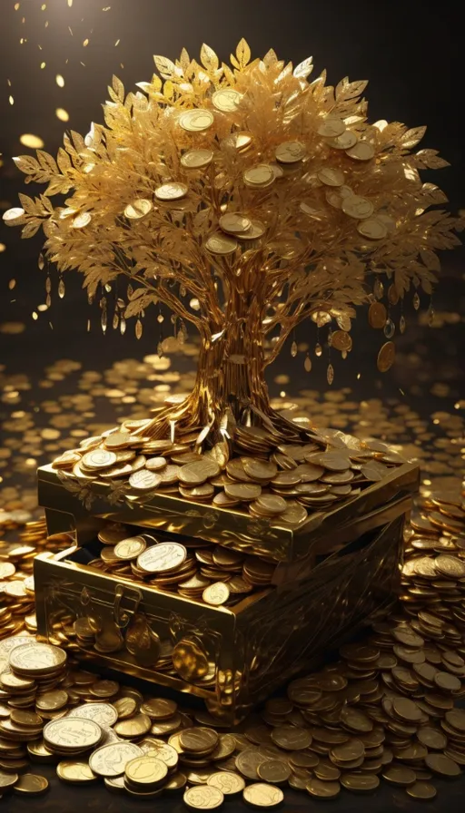 a golden tree sitting on top of a pile of gold coins