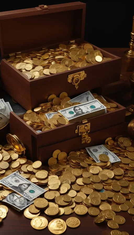 a wooden box filled with lots of gold coins