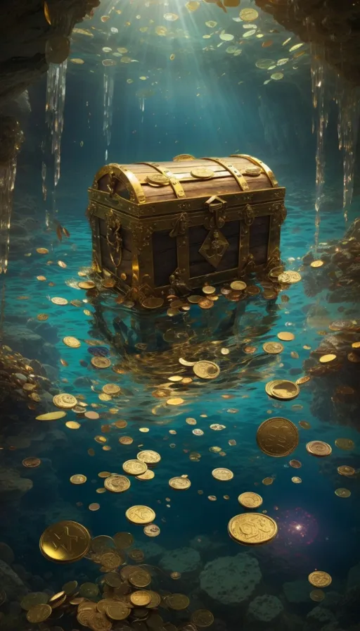 a chest in the water surrounded by gold coins