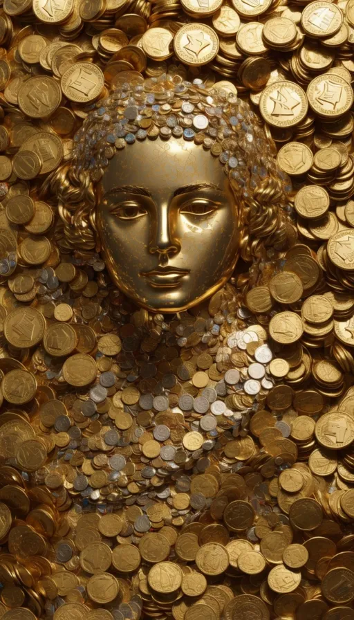 a golden buddha statue surrounded by gold coins