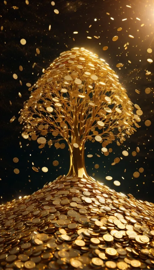 a golden tree on top of a pile of coins