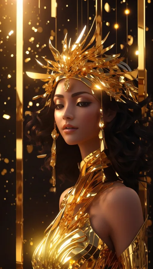 a woman wearing a gold dress and a golden crown