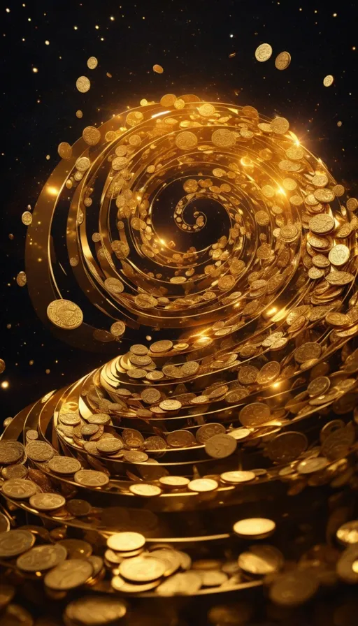 a spiral of gold coins on a black background