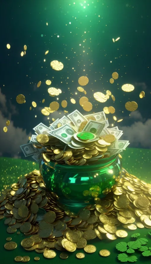 a green pot filled with gold coins