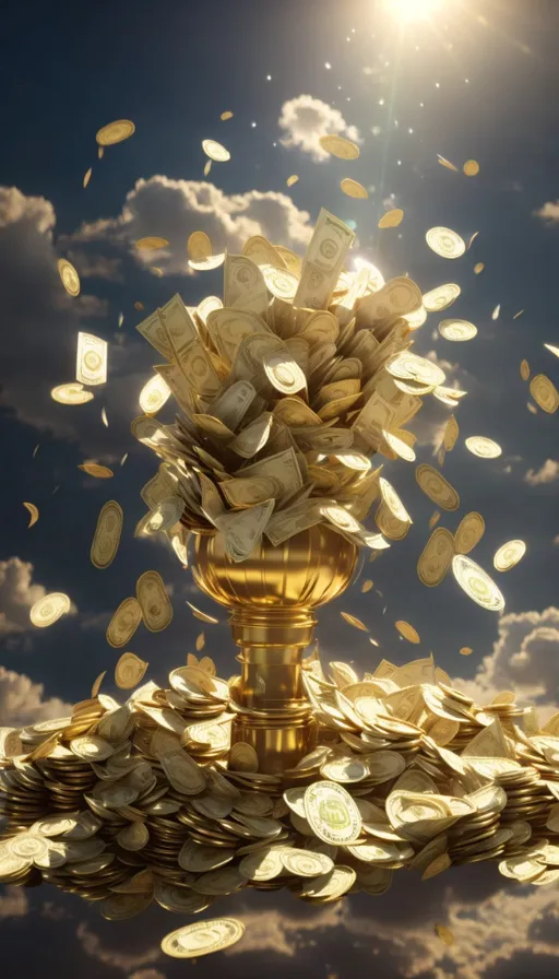 a golden vase filled with lots of money