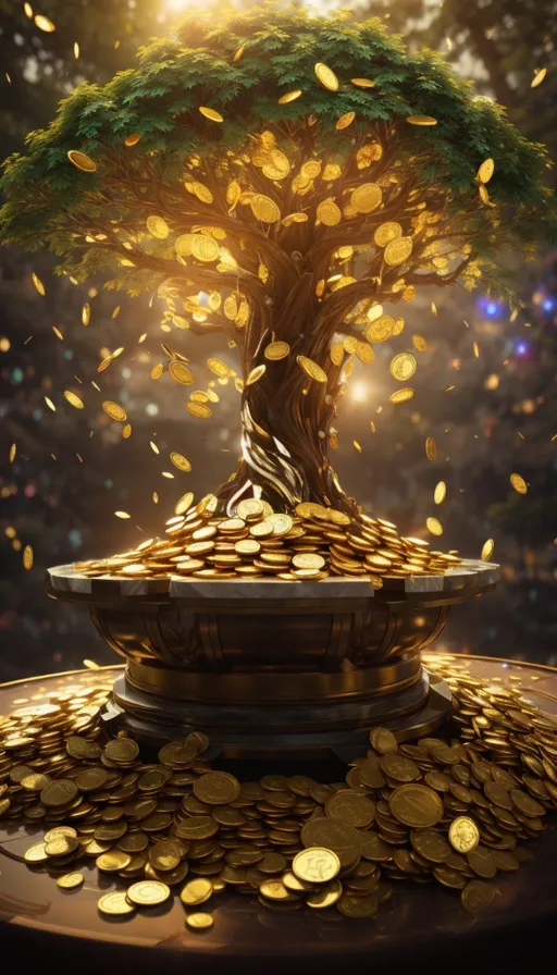 a tree that is growing out of a pile of gold coins