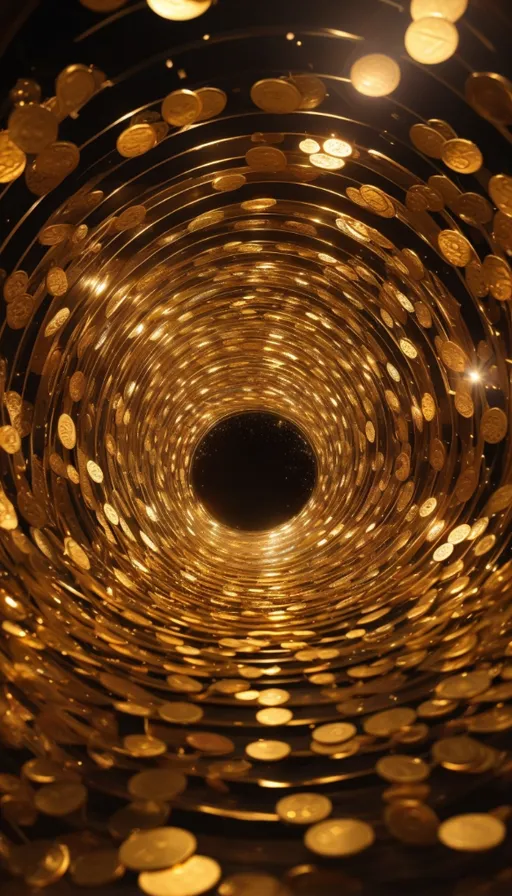 a tunnel of gold coins with a black background