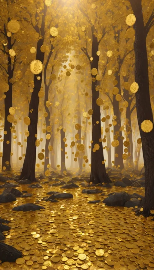 a forest filled with lots of gold coins