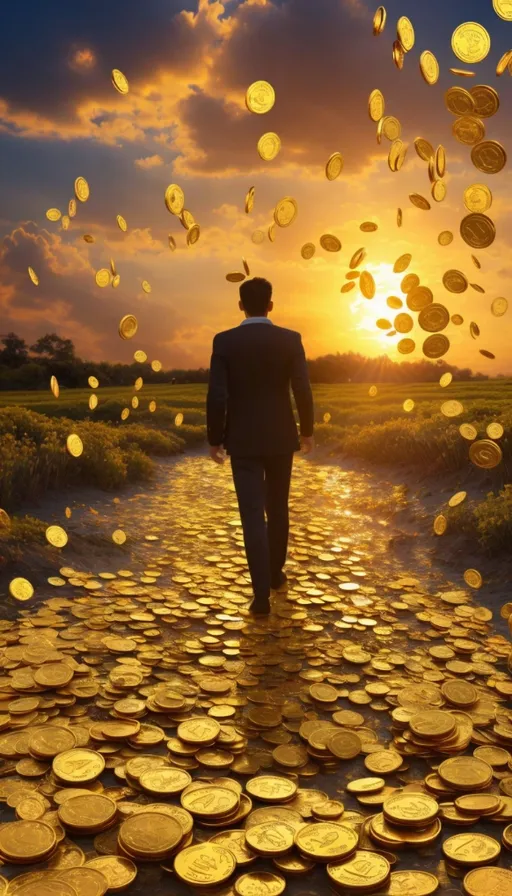 a man walking down a path made of gold coins