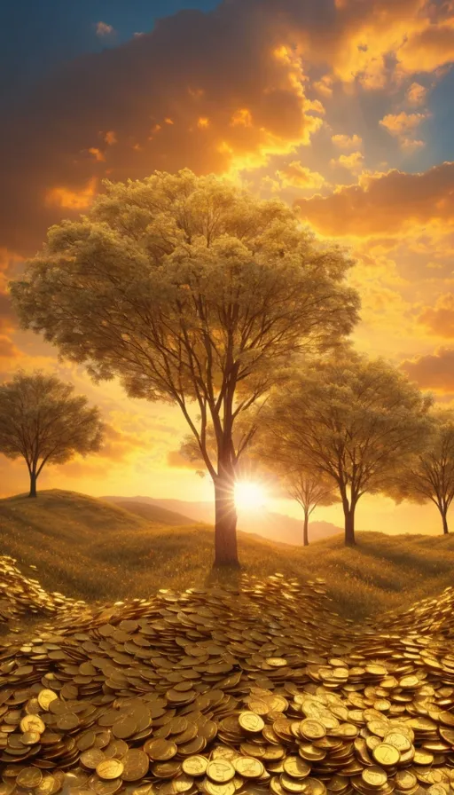 a painting of a sunset with trees and gold coins