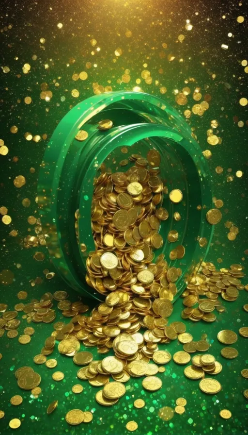 a green and gold background with a lot of gold coins