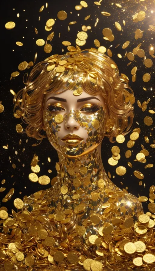 a woman's face surrounded by gold coins