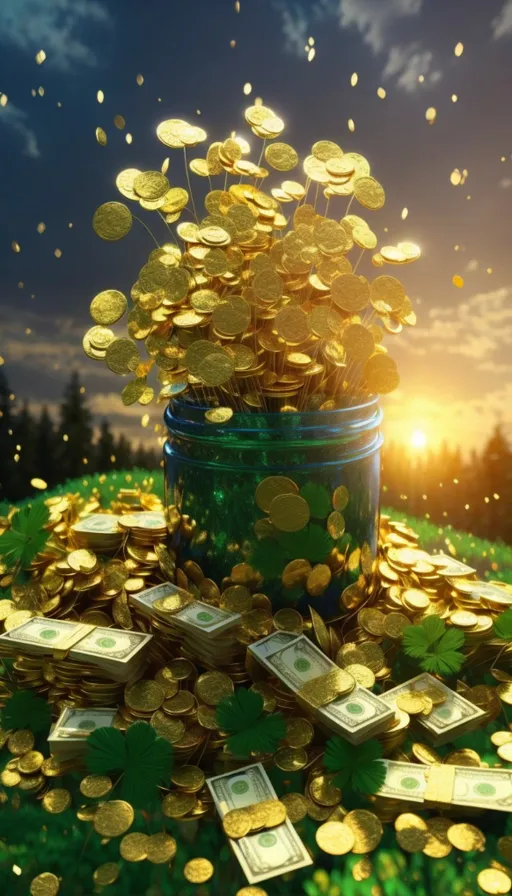 a jar full of money sitting on top of a lush green field