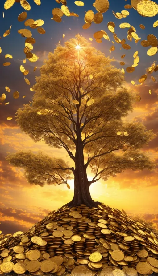 a tree on top of a pile of gold coins