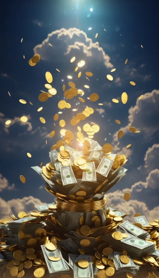 a pile of money with a sky background