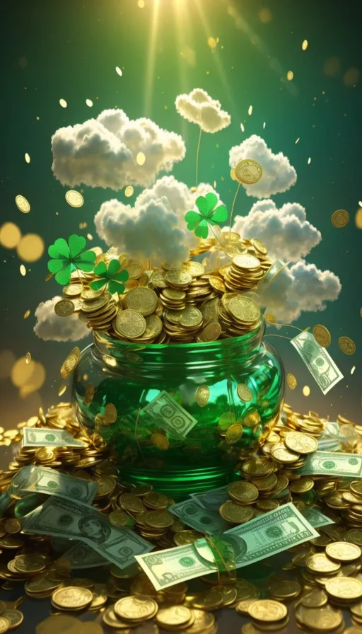 a pot full of gold coins and a green pot filled with money