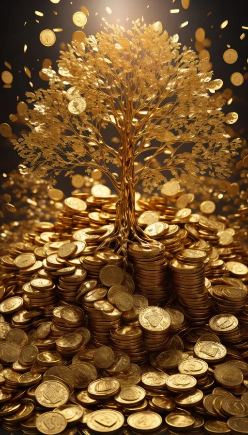 a pile of gold coins with a tree on top