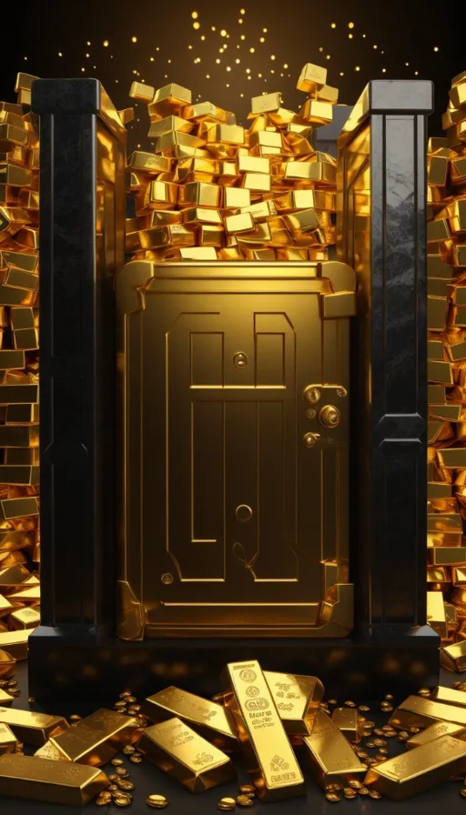 a golden safe surrounded by gold bars