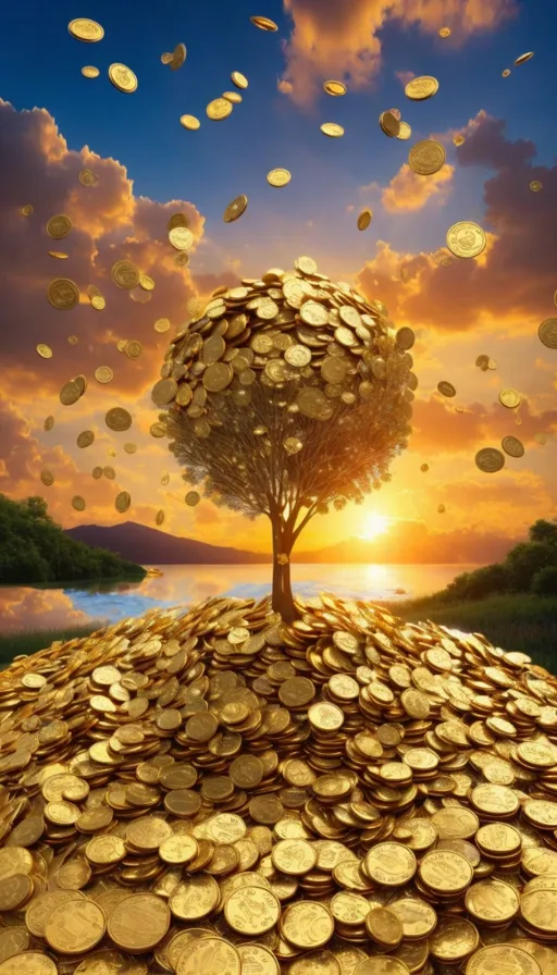 a tree on top of a pile of gold coins