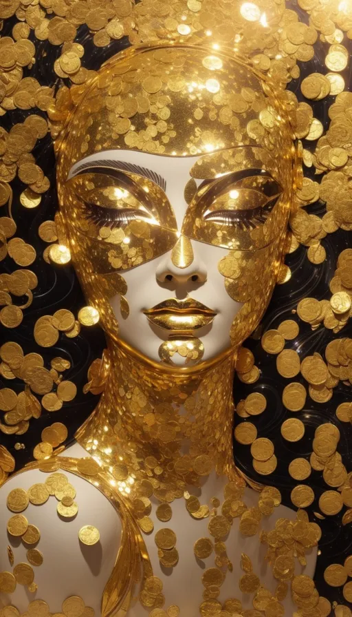 a woman with gold coins all over her face