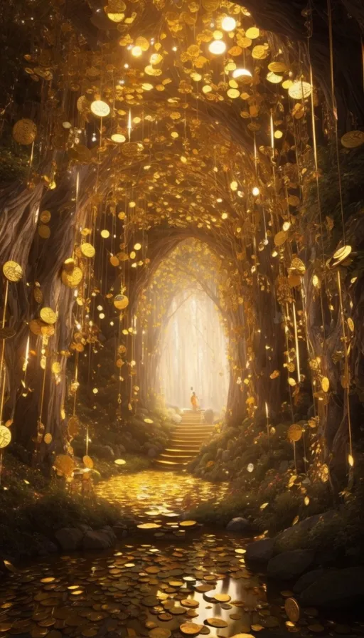 a tunnel with lots of gold coins coming out of it