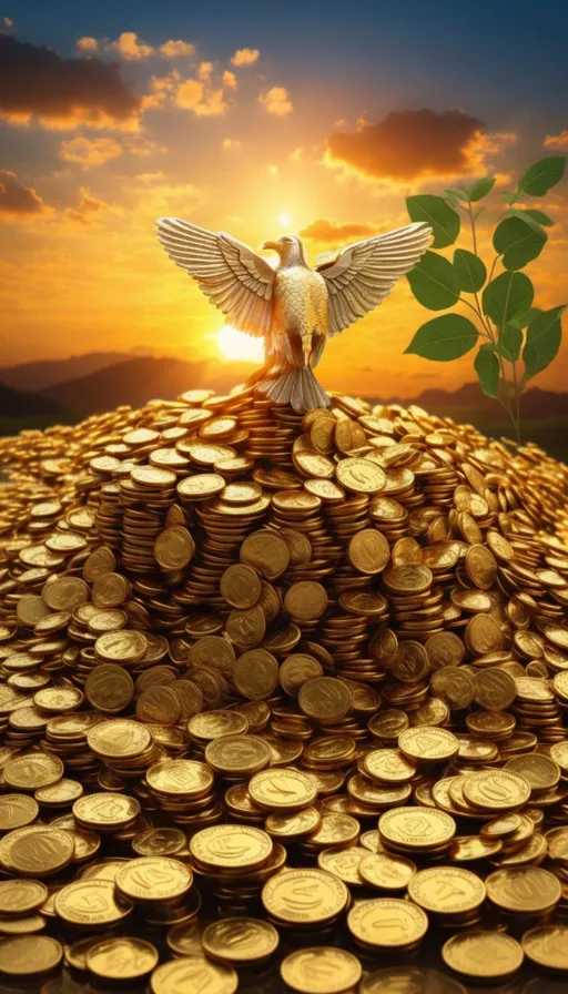 a bird sitting on top of a pile of coins