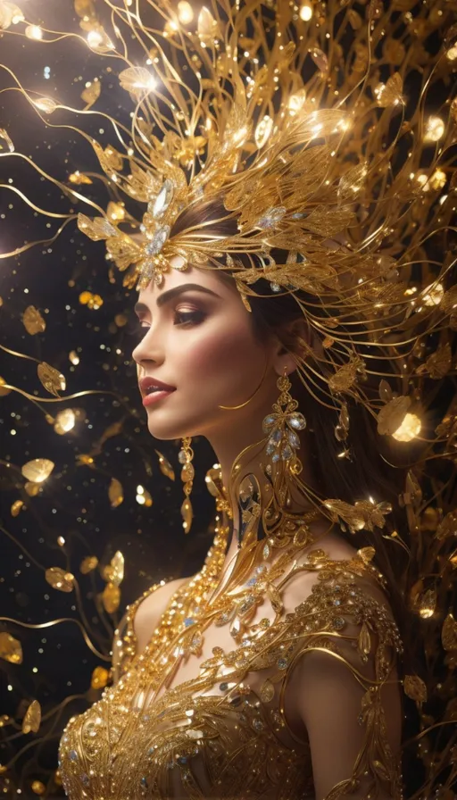 a woman in a golden dress with gold feathers on her head