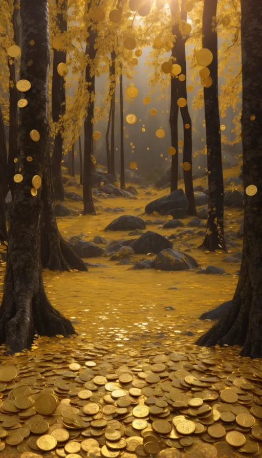 a forest filled with lots of gold coins