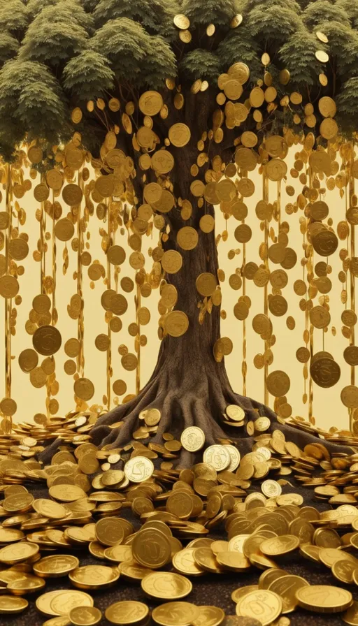 a tree with gold coins falling from it