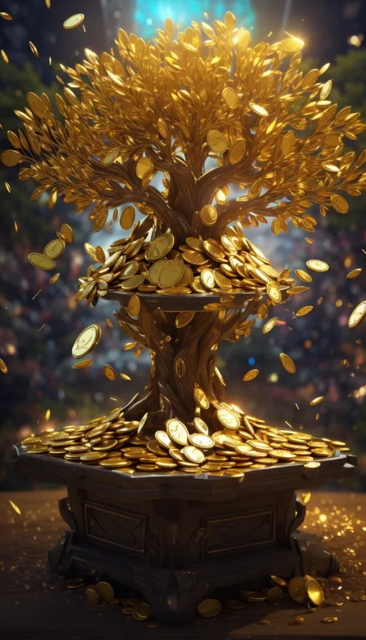 a golden tree with lots of gold coins