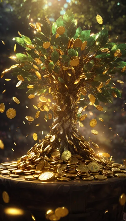 a tree that is growing out of a pile of gold coins