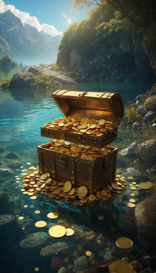 a chest full of gold coins floating in a river