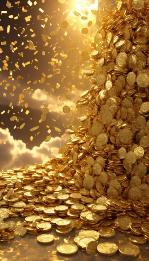 a pile of gold coins in front of a cloudy sky