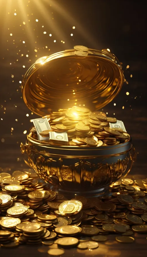 a golden bowl filled with money on top of a pile of gold coins