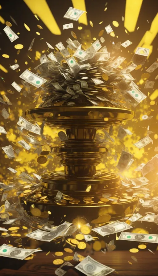 a golden trophy surrounded by money falling from it