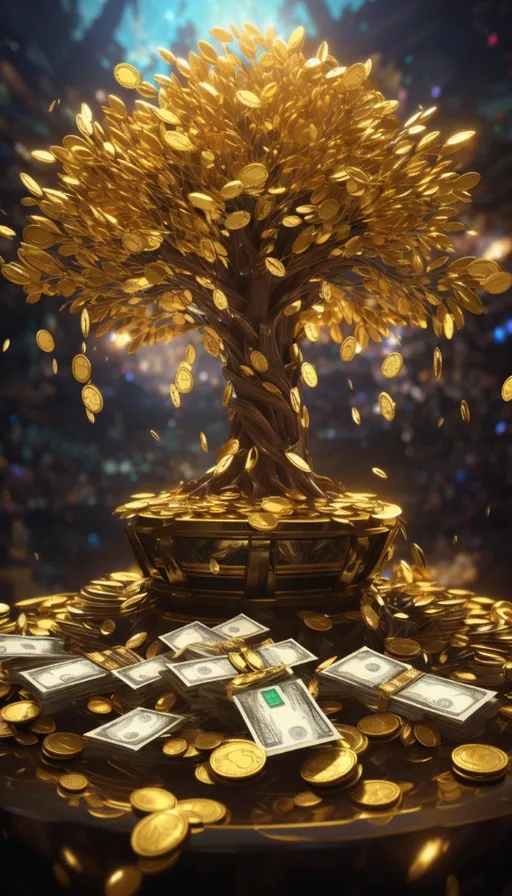 a golden tree surrounded by money on a table