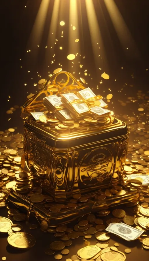 a golden chest of gold coins with a bright light coming out of it